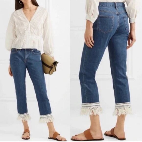 Tory Burch Size 25 Connor Fringe-Bottom Cropped High Rise Jeans Boho Stretch - Picture 1 of 10
